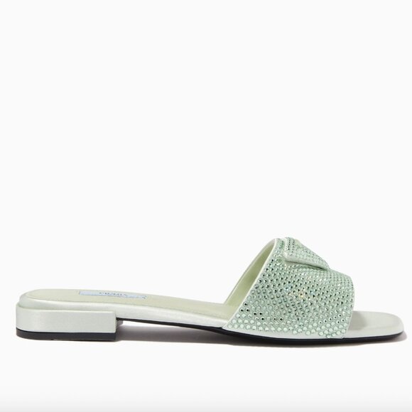 Prada Satin Crystal Embellished Acqua Slide Mules Sandals 37.5, 1XX642 NEW - Picture 7 of 16